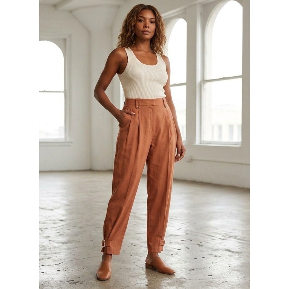 Gabrielle Union Tapered Pleated Pants Womens M Rust High Rise Buckle Ankle Pant